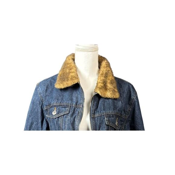 Austin Denim Jacket Size Large Blue Fur Collar Long Sleeve Zip Trucker Western - Picture 6 of 13